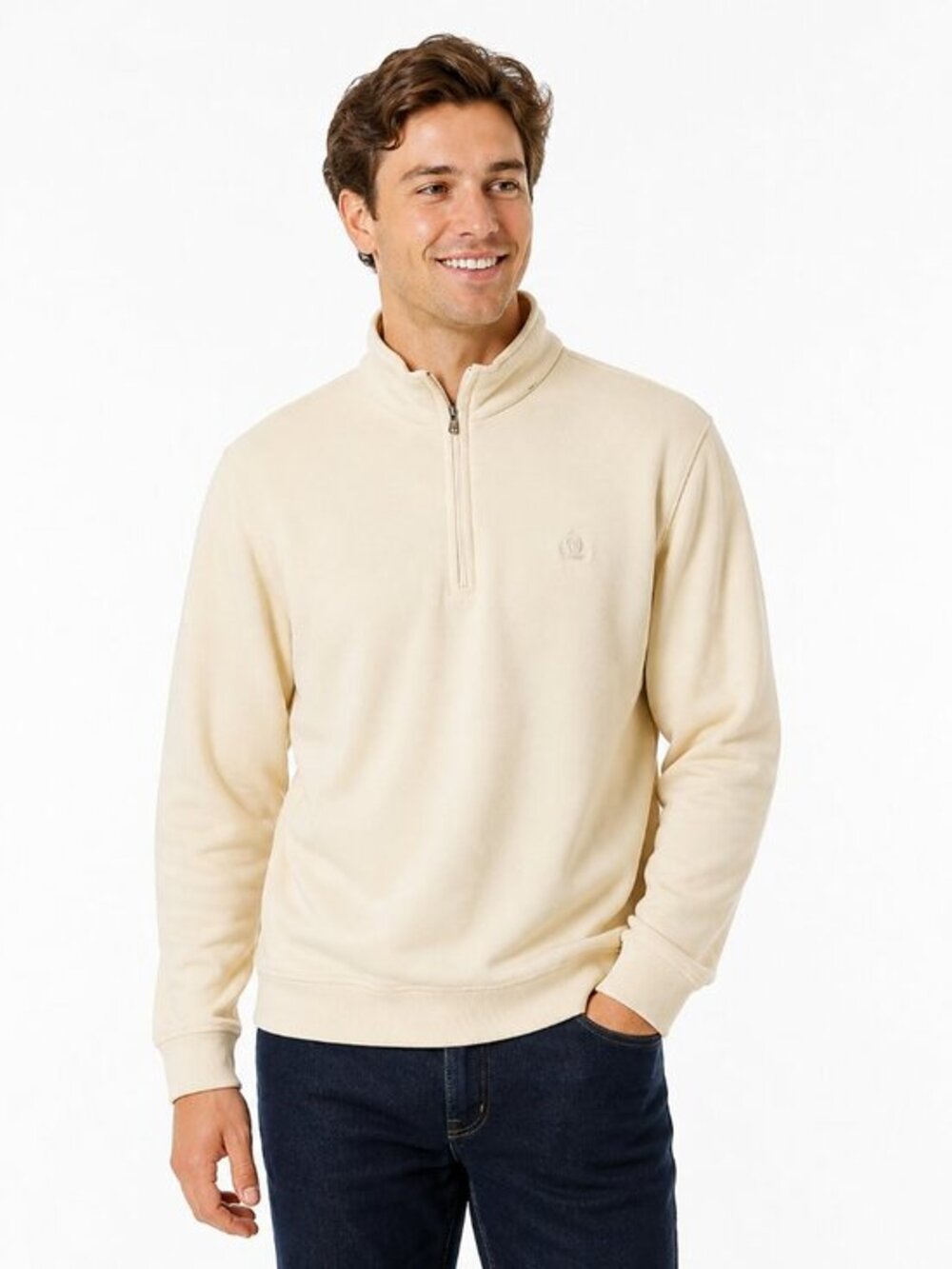 Izod Men's Quarter Zip Fleece Pullover Sweater in Cream Ivory Size S